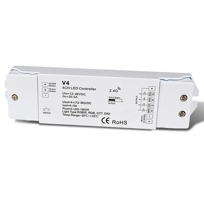 4CH 5A Constant Voltage RF 2.4G Receiver WiFi controlled V4 For single color, dual color and RGB/RGBW LED strip light installation
